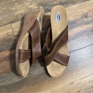 Dr. Scholl's Gordon slide sandals, brown leather upper, contrast stitching, Sz 9